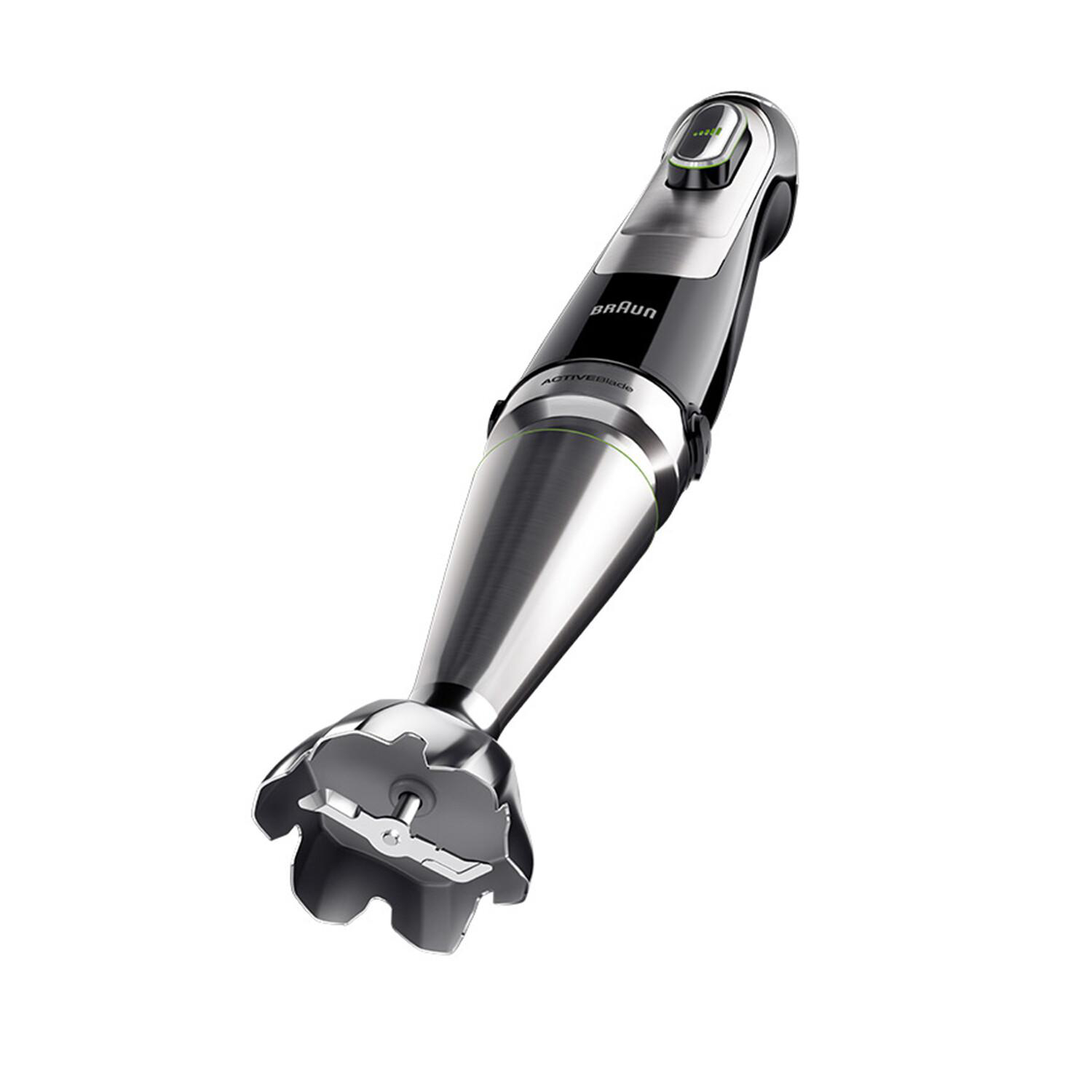 Silberner und schwarzer Handmixer mit ActiveBlade-Technologie auf weißem Grund.