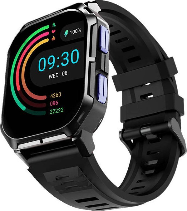 Czarny smartwatch z kwadratowym ekranem. Pokazuje cyfrowy wyświetlacz zegara z danymi zdrowotnymi i fitness.