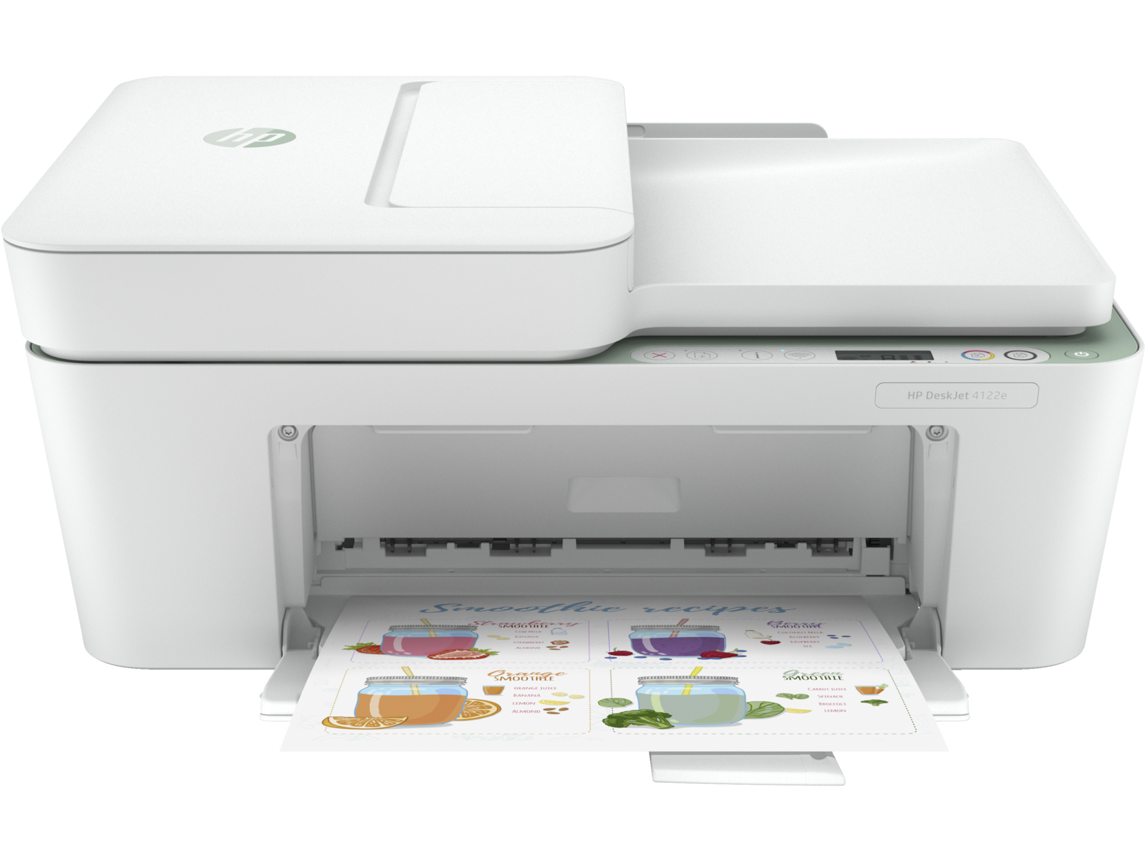 Impresora HP Deskjet blanca con bandeja de papel abierta, mostrando impresiones de recetas de batidos.