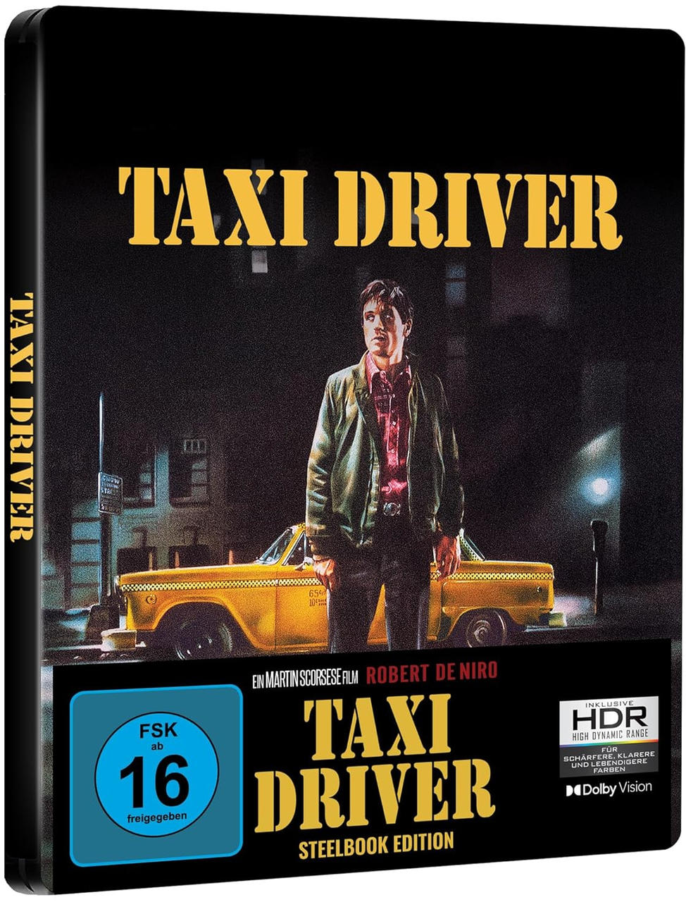 'Taxi Driver' Blu-ray-Cover. Robert De Niro steht neben einem gelben Taxi. FSK 16-Bewertung wird angezeigt.
