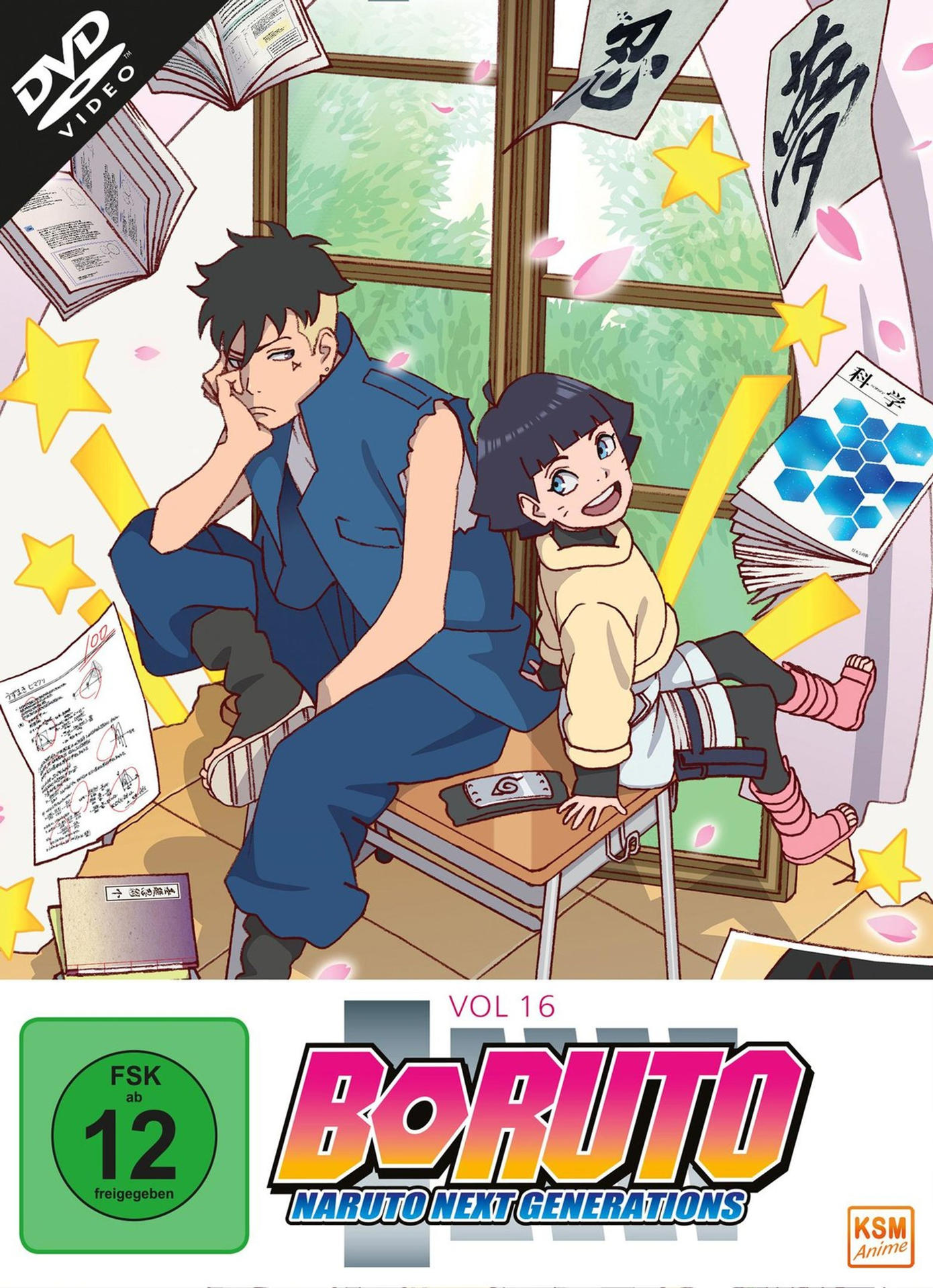 DVD-Cover von Boruto: Naruto Next Generations. Zwei Charaktere sitzen auf einem Schreibtisch.