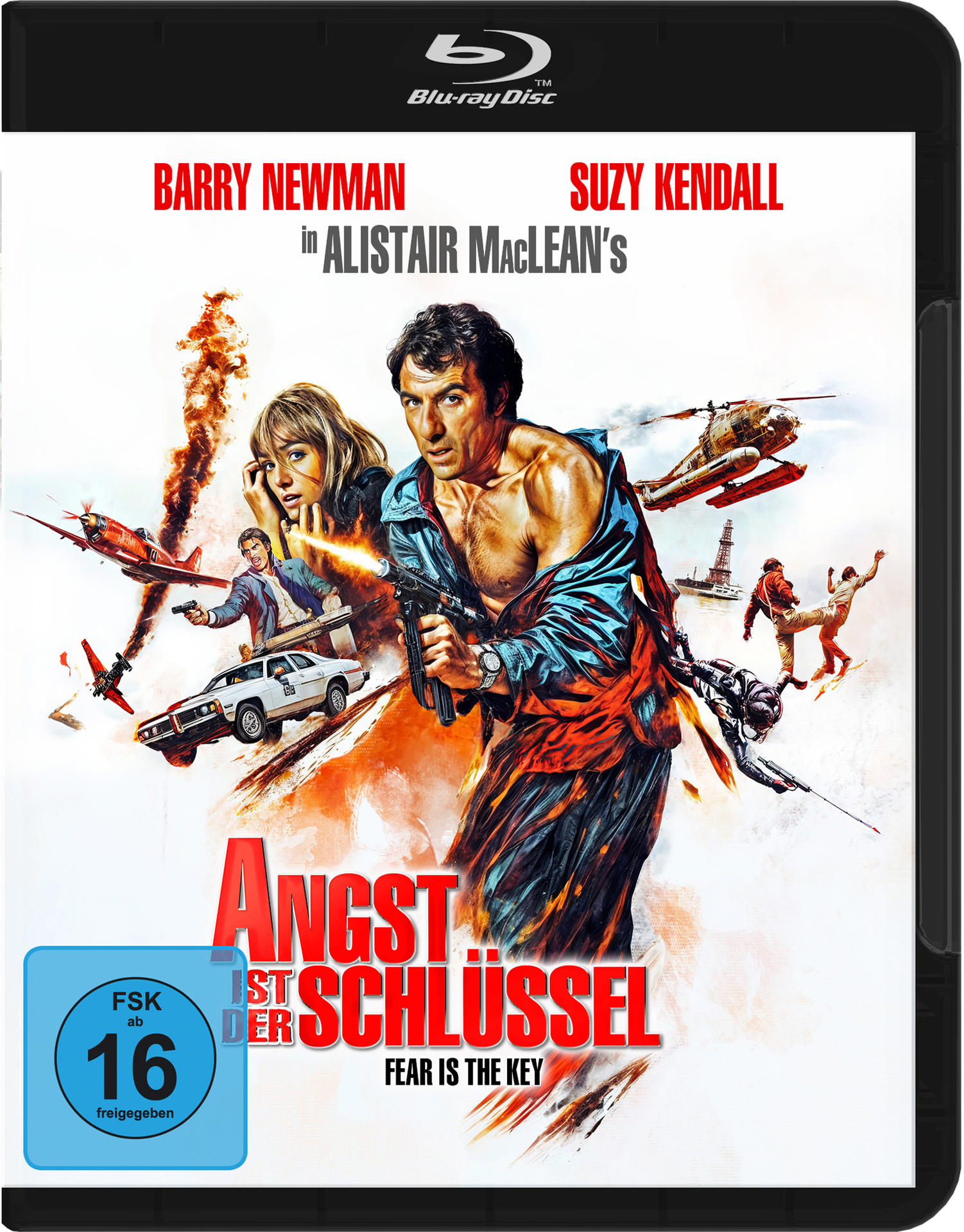 Filmcover von 'Angst ist der Schlüssel' mit Schauspielern und Actionszene, blauer FSK 16 Aufkleber.