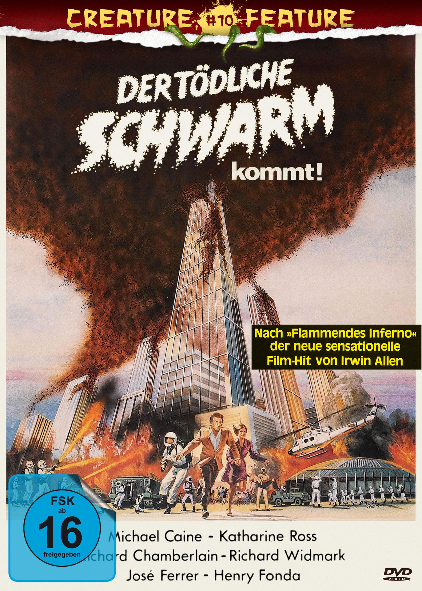 Filmposter: 'Der Tödliche Schwarm' mit brennender Stadt und fliehenden Menschen.