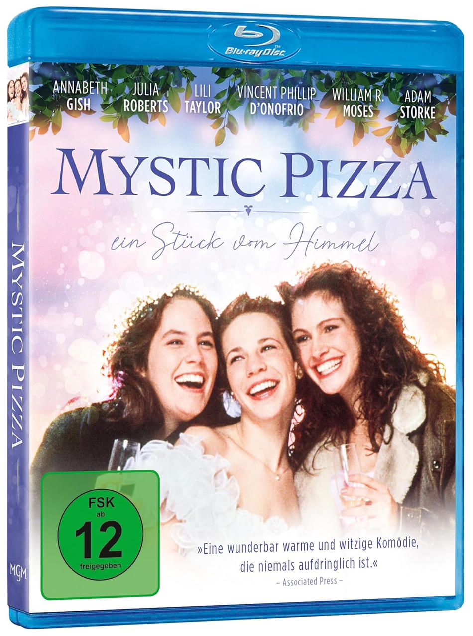 Blu-ray-Disc-Cover von 'Mystic Pizza'. Drei lächelnde Frauen, Text und grüner FSK-12-Aufkleber.
