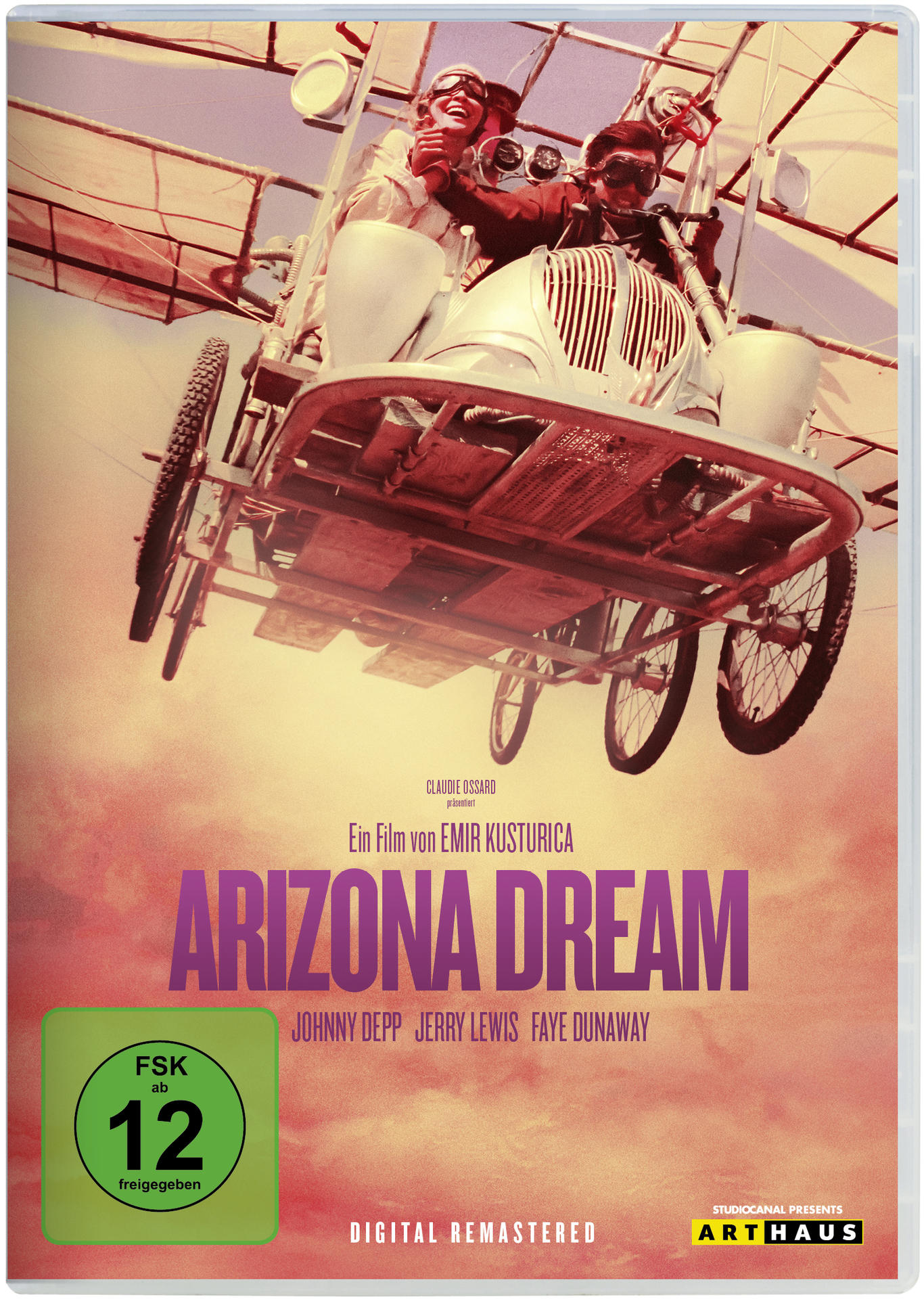 DVD-Cover von 'Arizona Dream'. Zeigt ein Doppeldecker im Himmel mit zwei Männern, darunter Titel und Namen der Schauspieler.