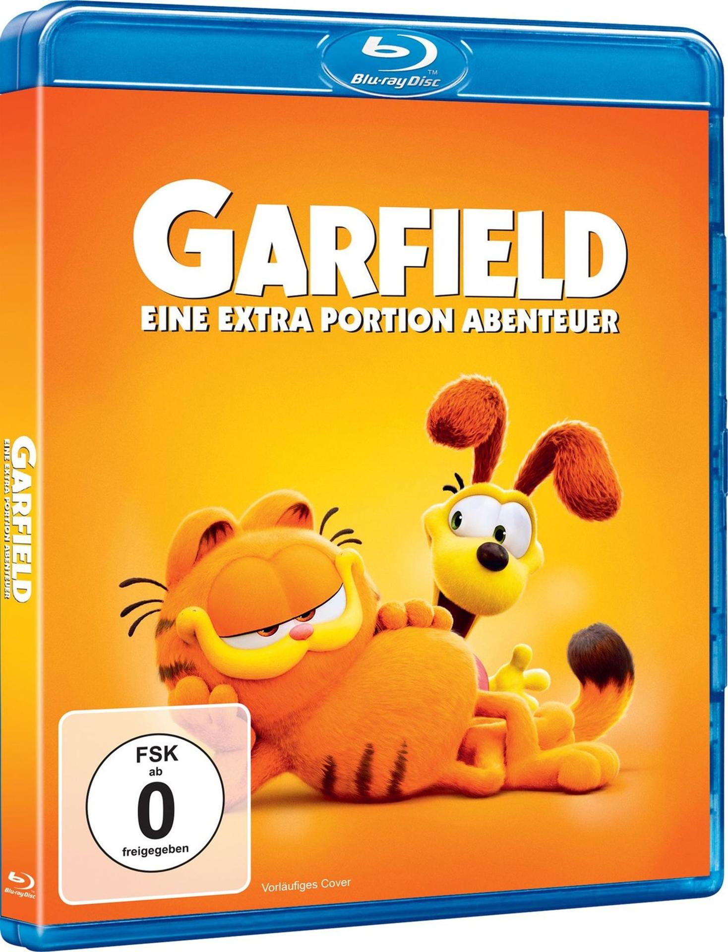 Garfield Blu-ray-Hülle. Oranger Einband mit Garfield und Hund. Text auf Deutsch.