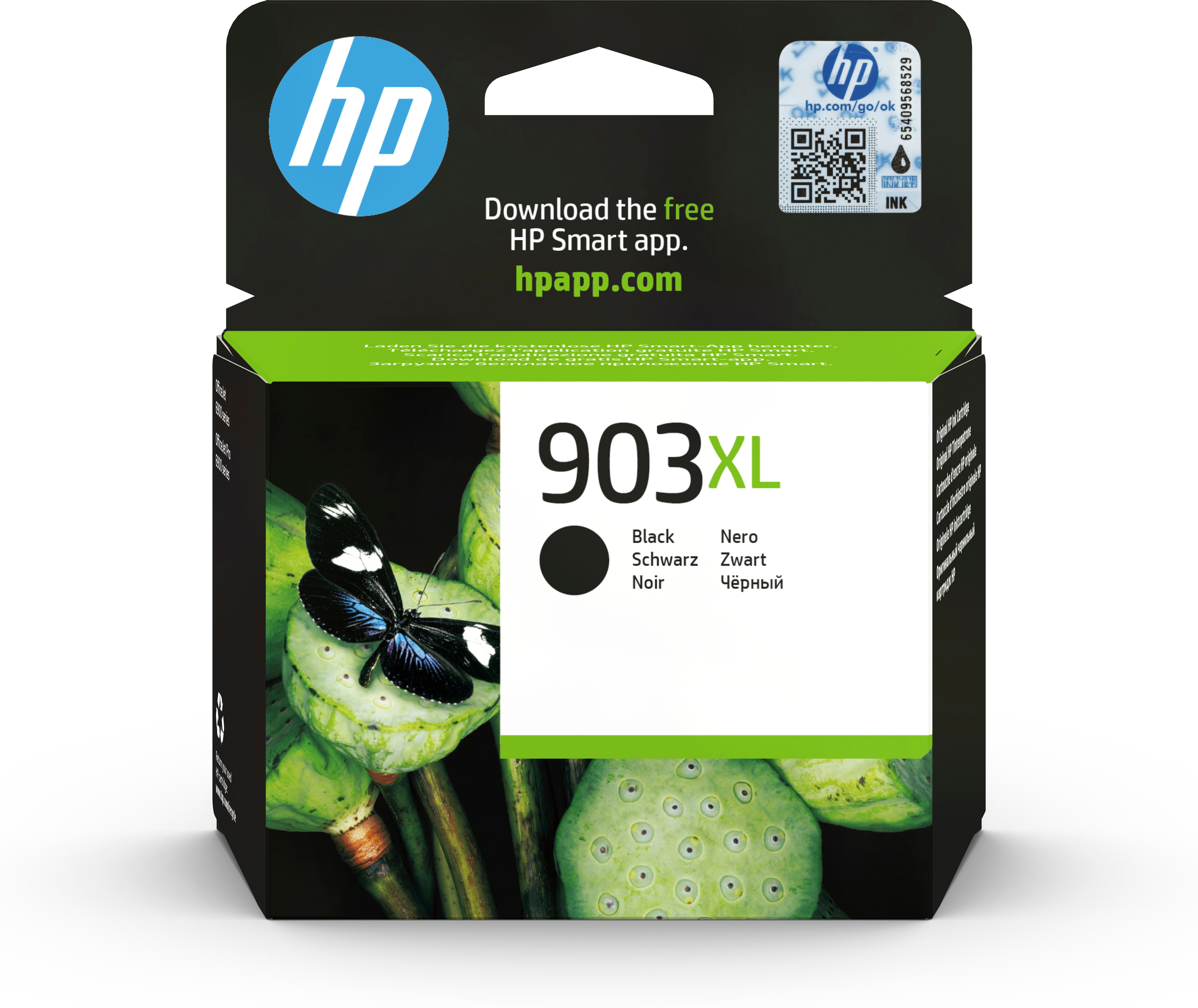 HP 903XL Tintenpatronenbox mit Nahaufnahme eines Schmetterlings auf einer Lotusblume.