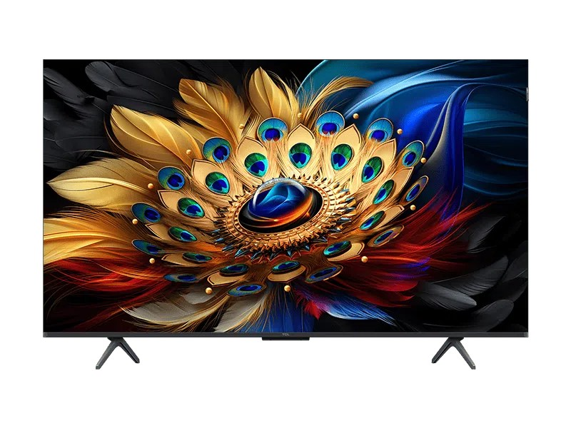 Renkli bir tavuskuşu tüyü tasarımı gösteren düz ekran bir TV.