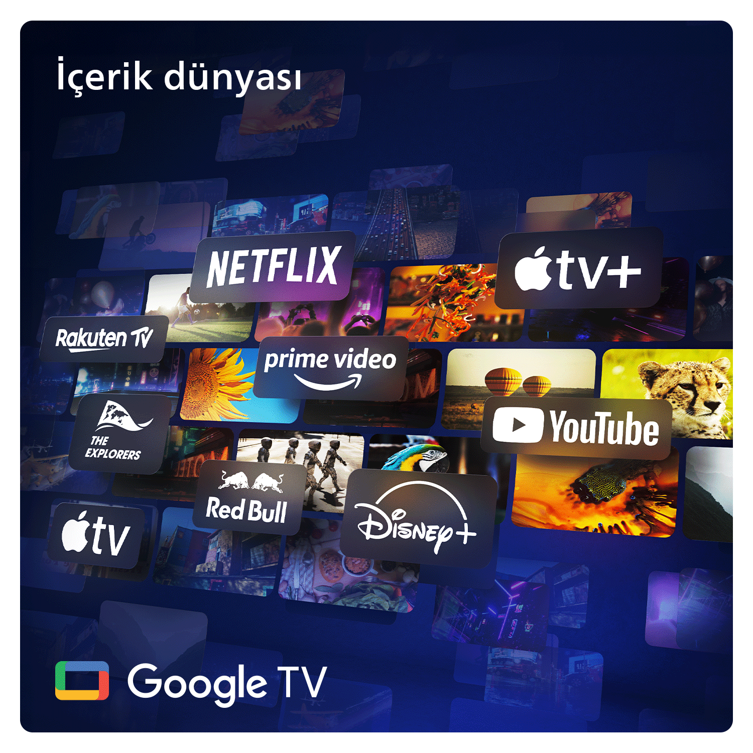 Netflix, YouTube ve Disney+ dahil olmak üzere yayın hizmeti logolarının bir kolajı, bir ekranda.