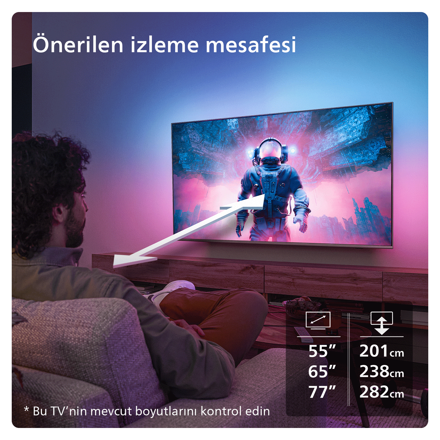 Bir adam, bir astronot gösteren bir TV izliyor. Boyut önerileri TV'nin altında verilmektedir.