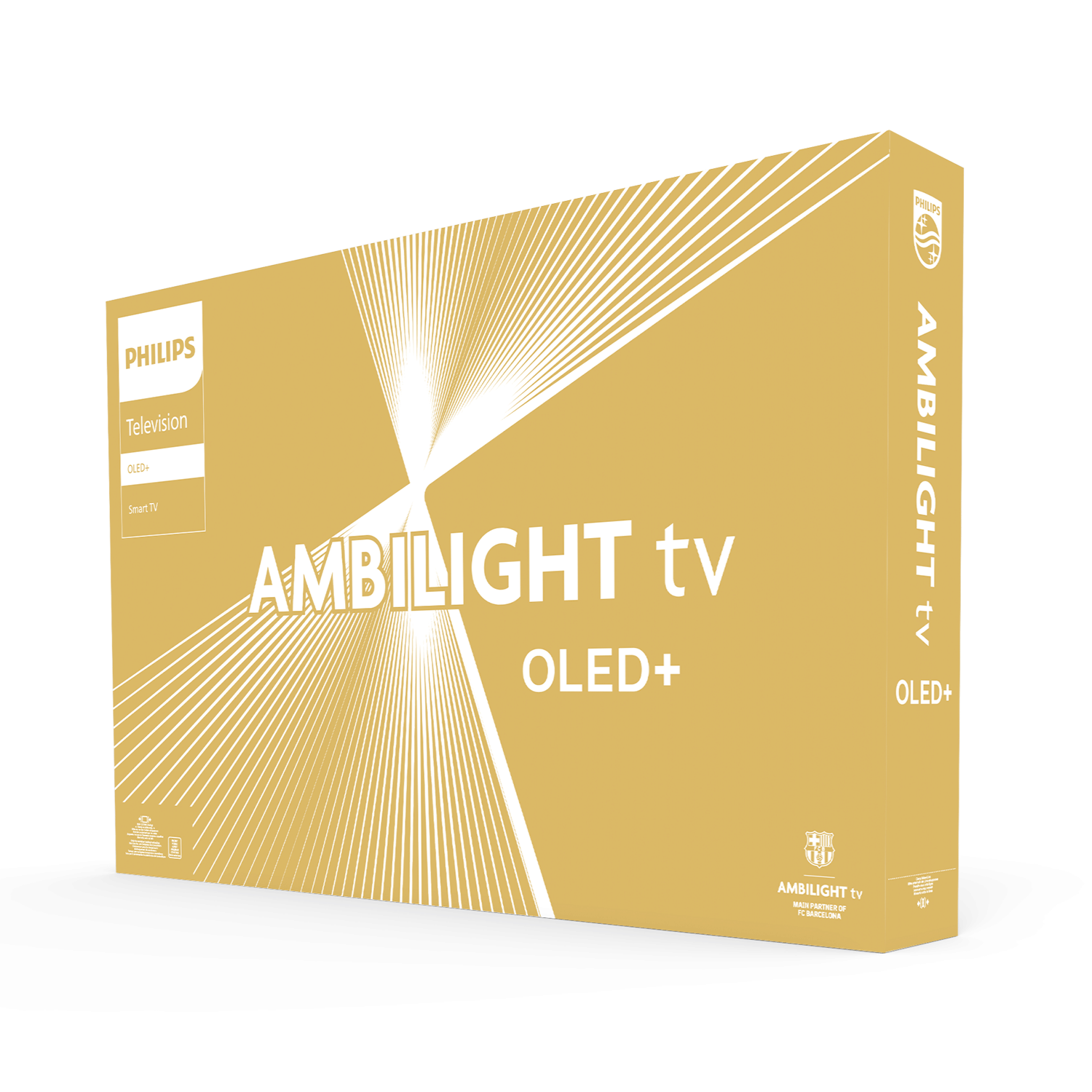 Sarı ve beyaz Philips Ambilight TV kutusu, metin ve Philips logosu ile.