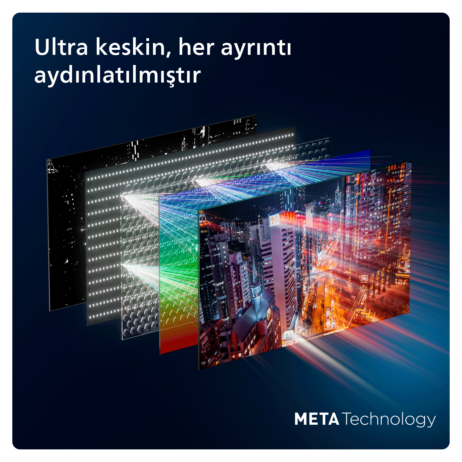 Işık efektleriyle bir şehir siluetini gösteren, Meta Technology etiketi taşıyan görüntü katmanları.