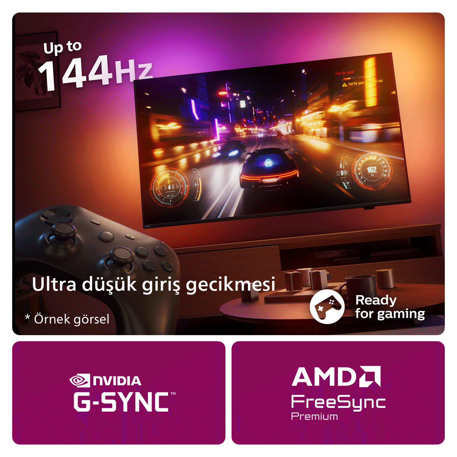 Siyah bir oyun kumandası ve yarış oyunu oynayan bir TV. Metin, düşük giriş gecikmesini gösterir.