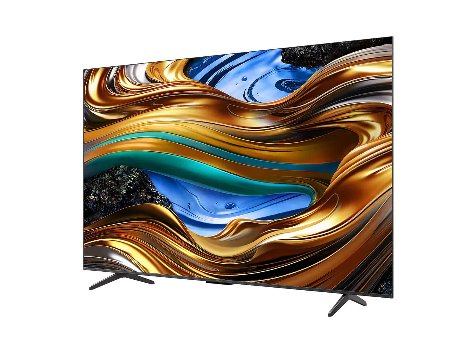 Soyut altın ve siyah sanat eserleri sergileyen büyük, modern bir TV. Siyah bir standı var.