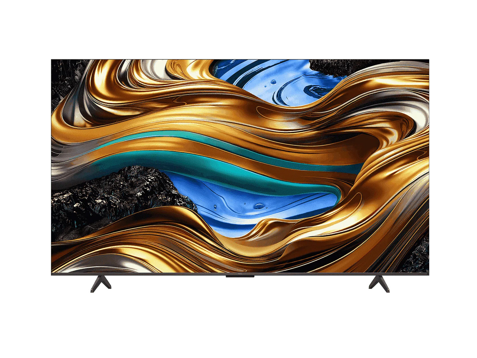 Altın ve mavi soyut bir tasarıma sahip bir TV ekranı.