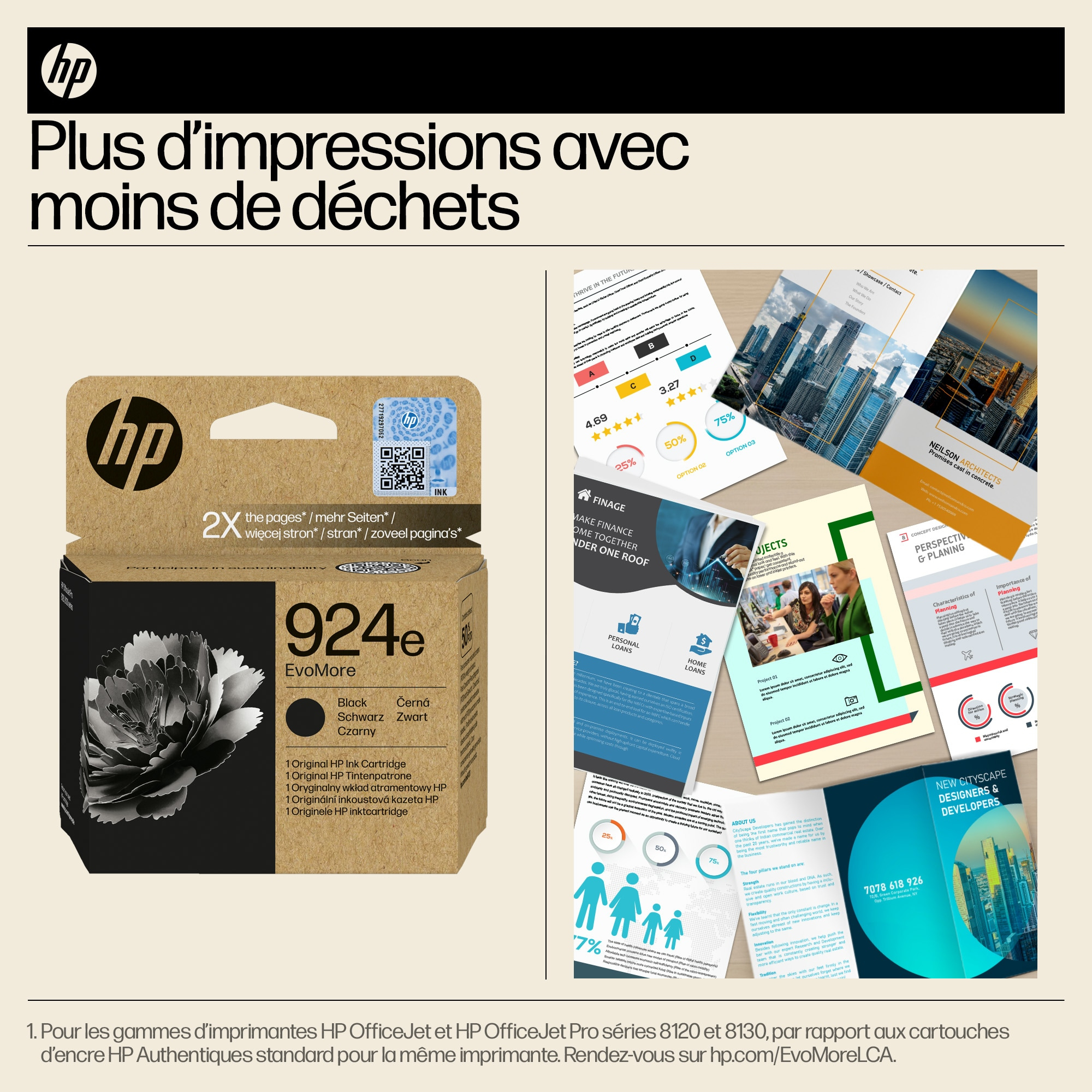 Boîte de cartouches d'encre d'imprimante HP, avec des images de documents et un paysage urbain.