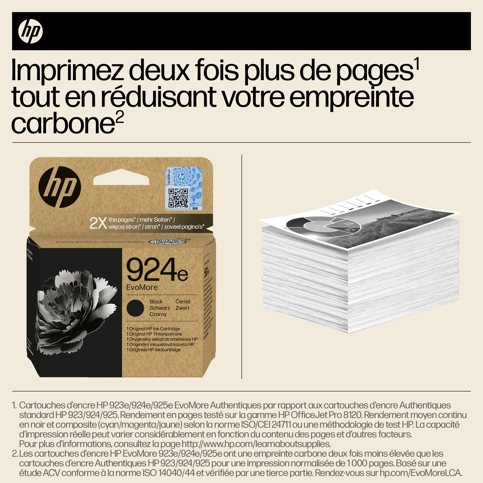 Cartouche d'encre HP avec texte sur l'impression de plus de pages et la réduction de l'empreinte carbone.