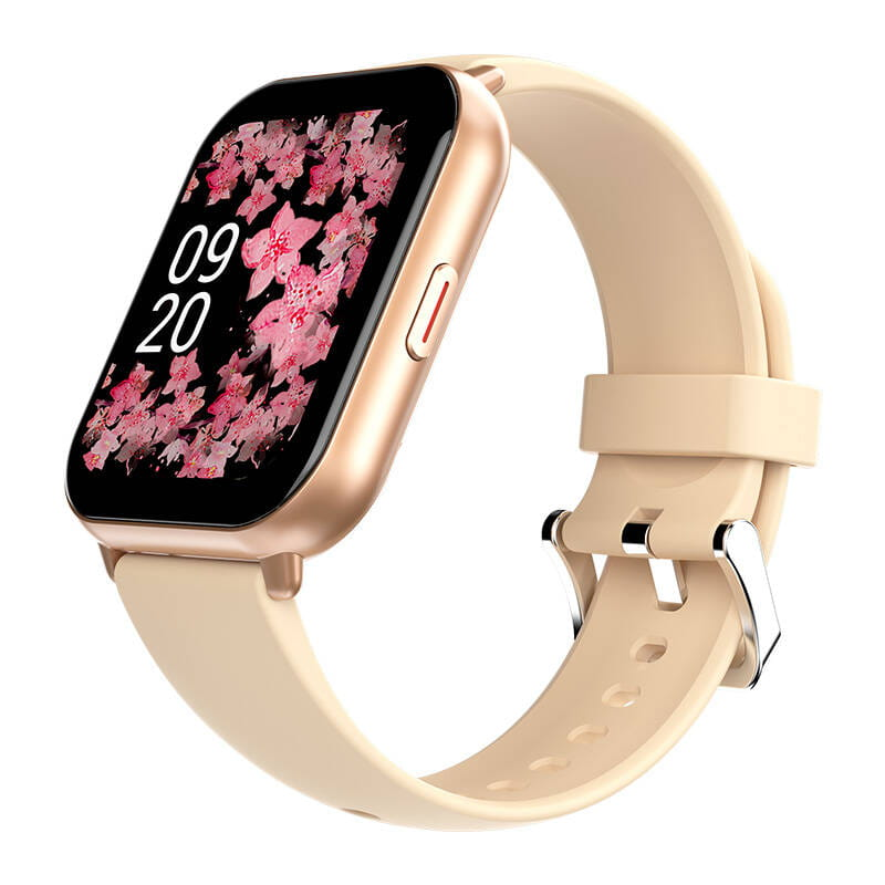 Smartwatch z beżowym paskiem, ekranem z różowymi kwiatami i godziną 09:20, białe tło.