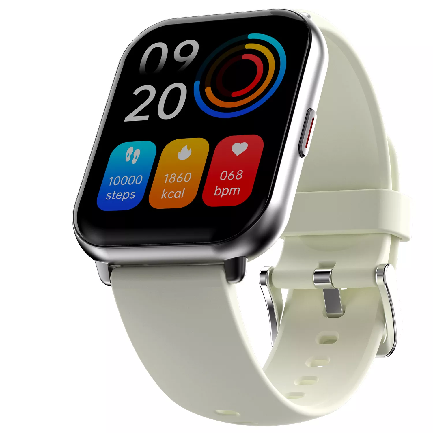 Smartwatch z białym paskiem. Wyświetlacz pokazuje kroki, kalorie i informacje o tętnie.