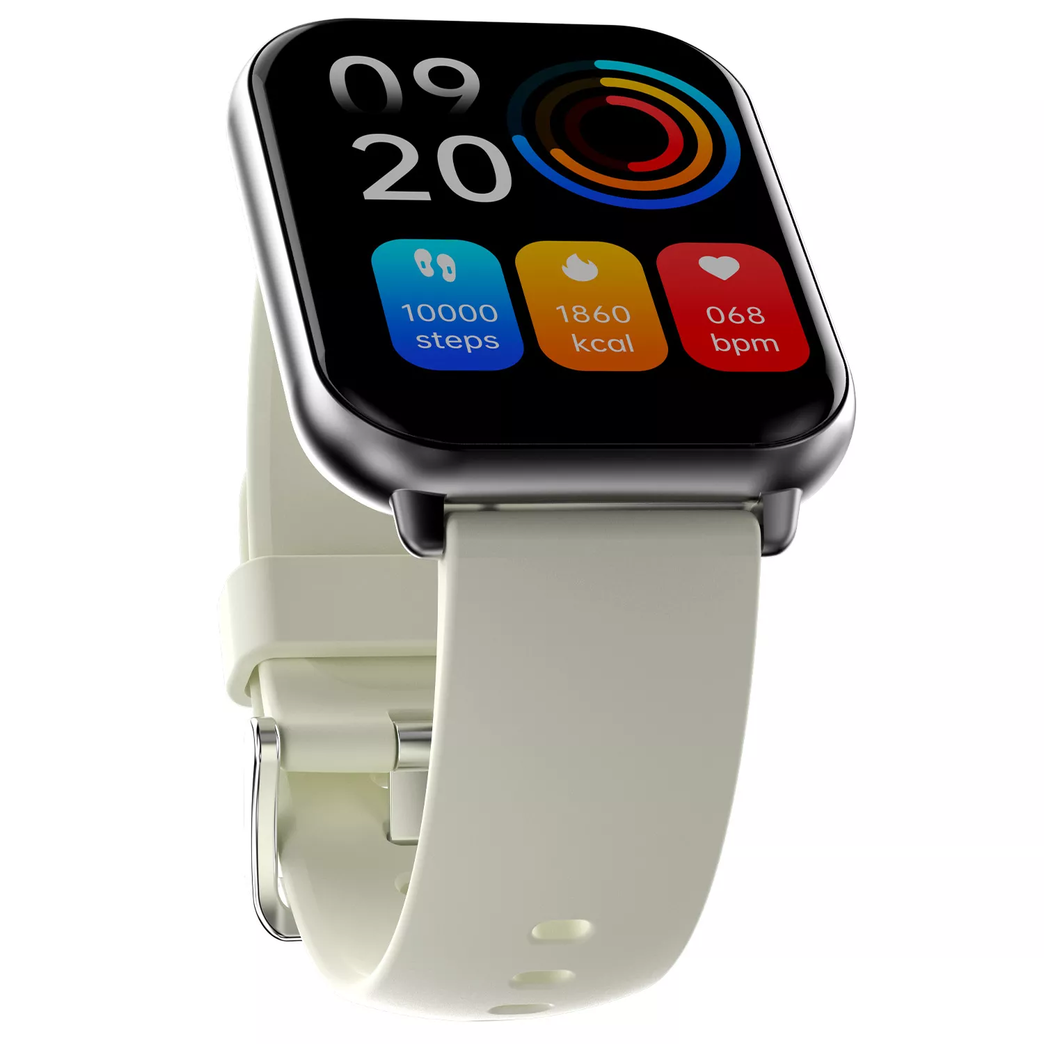 Smartwatch z białym paskiem wyświetla dane: czas, kroki, kcal i bpm.