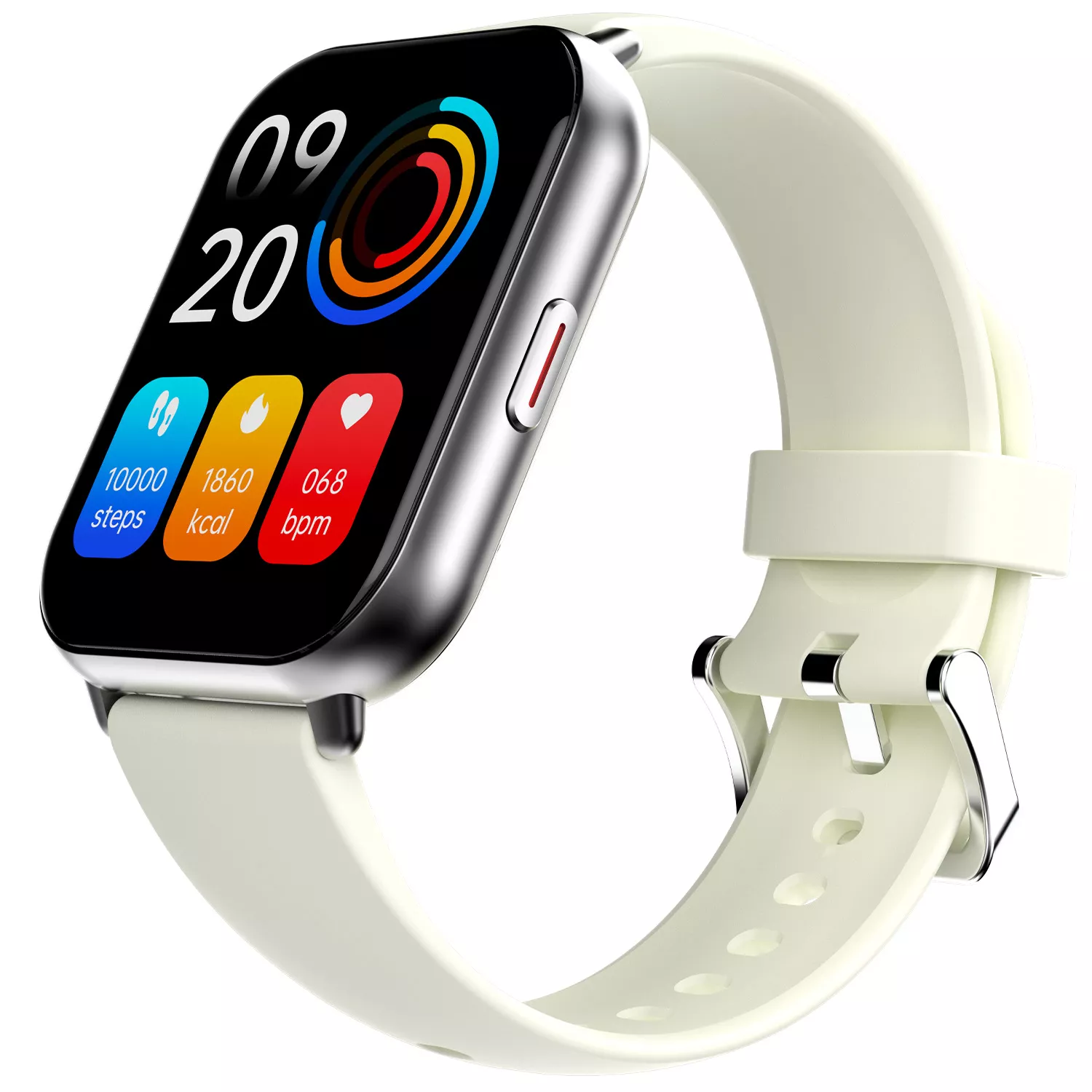 Smartwatch z białym paskiem, pokazujący dane: kroki, kalorie, bpm. Srebrna obudowa.