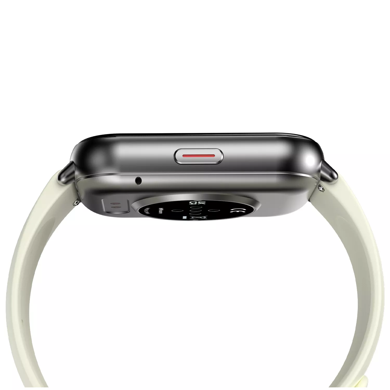 Zbliżenie srebrnego smartwatcha z białym paskiem, pokazujące stronę z przyciskiem.