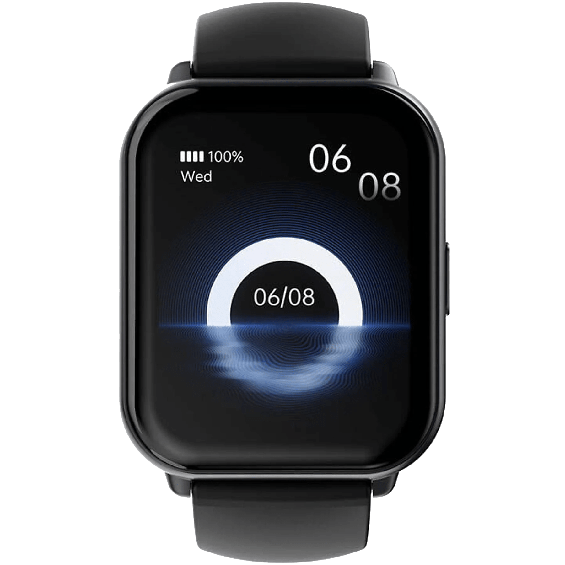 Czarny smartwatch wyświetla datę, godzinę i procent naładowania baterii. Tło jest ciemne z niebieskimi wzorami.