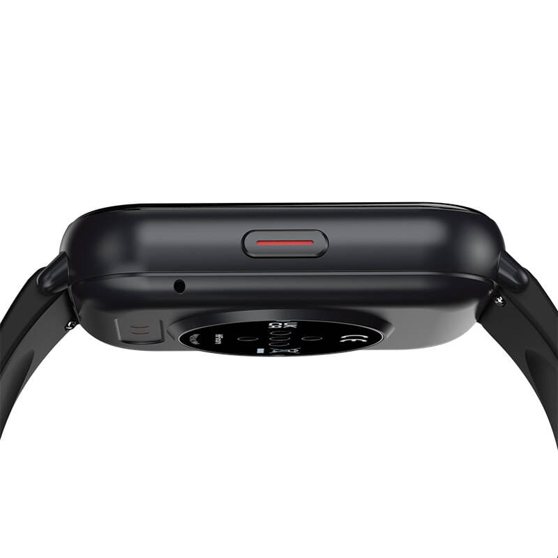 Czarny smartwatch z boku, wyświetlający czujnik tętna i inne ikony.