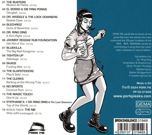 Albumcover mit einer Cartoon-Dame, die ein Getränk hält. Text listet Bandnamen und Songtitel auf.