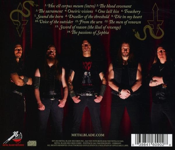Albumcover mit Bandmitgliedern. Text auf der Rückseite: Songtitel, Metal Blade Records Logo und Copyright.