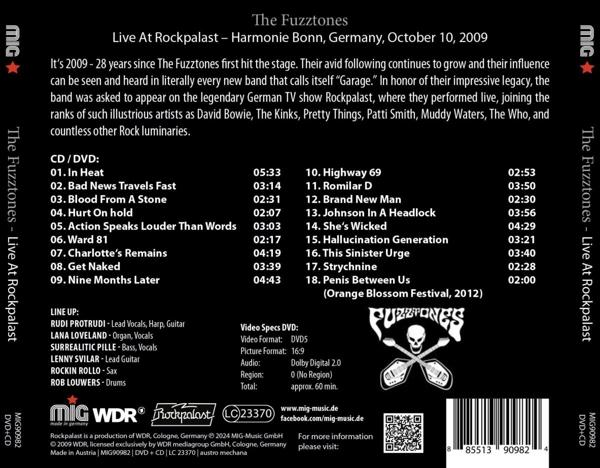 Albumcover mit Bandnamen, Titelliste und Konzertdetails. Der Hintergrund ist schwarz mit Logo und Textdetails.
