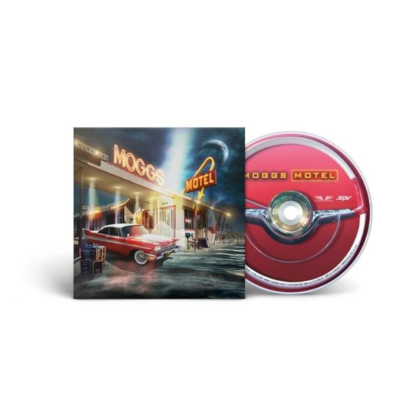 Albumcover mit einem roten Auto vor einem Motel. Eine CD befindet sich rechts.