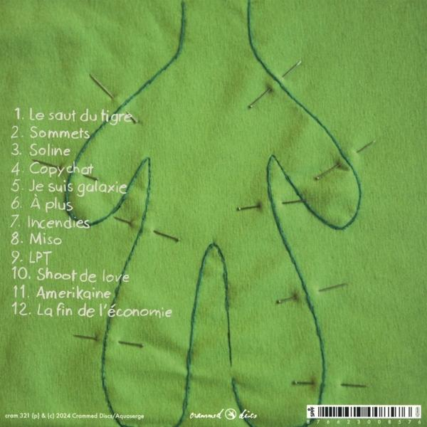 Grüner Stoff mit einer aufgenähten Umrissfigur und Nadeln. Text oben und unten.