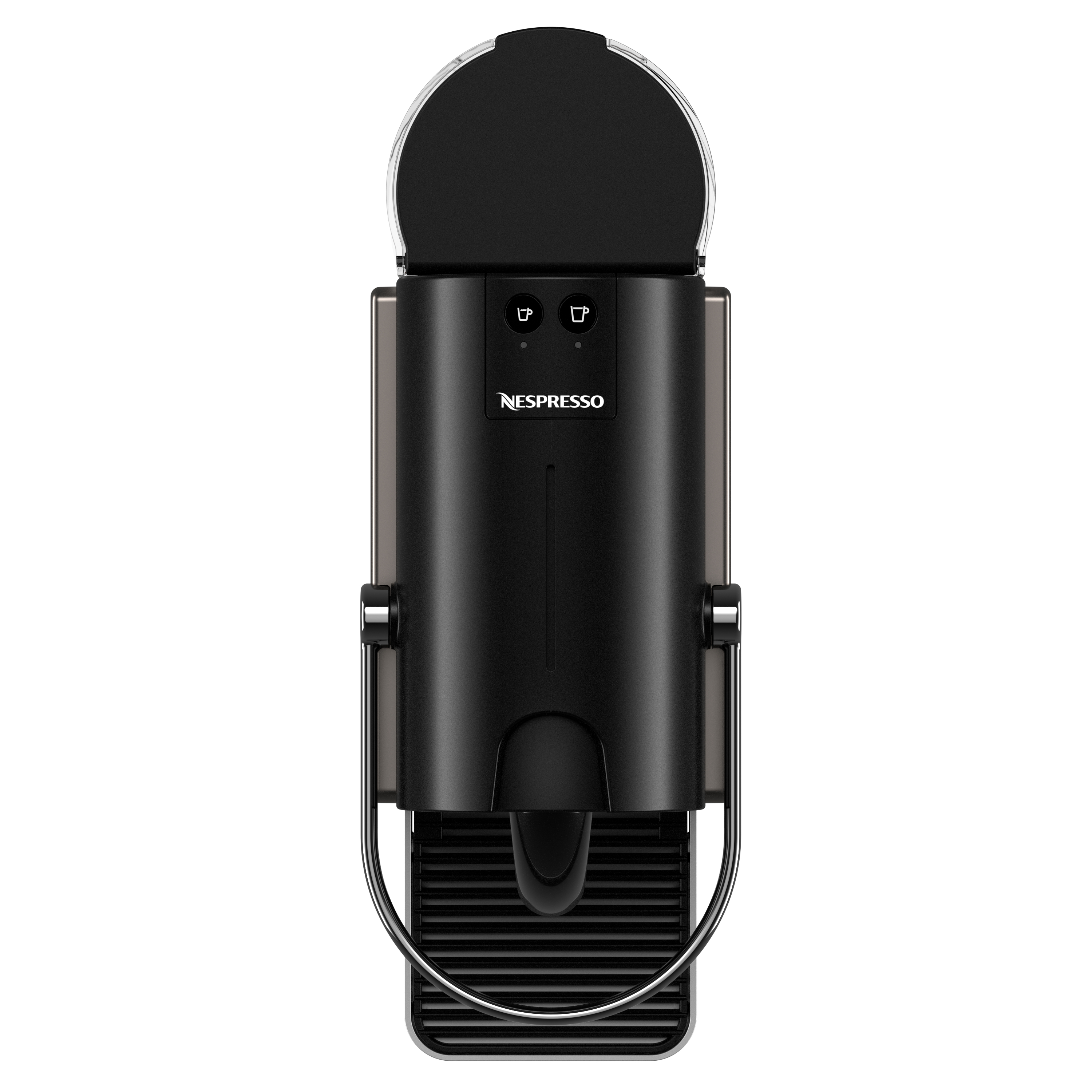 Eine Nespresso-Kaffeemaschine, Draufsicht, schwarz mit offenem Deckel.