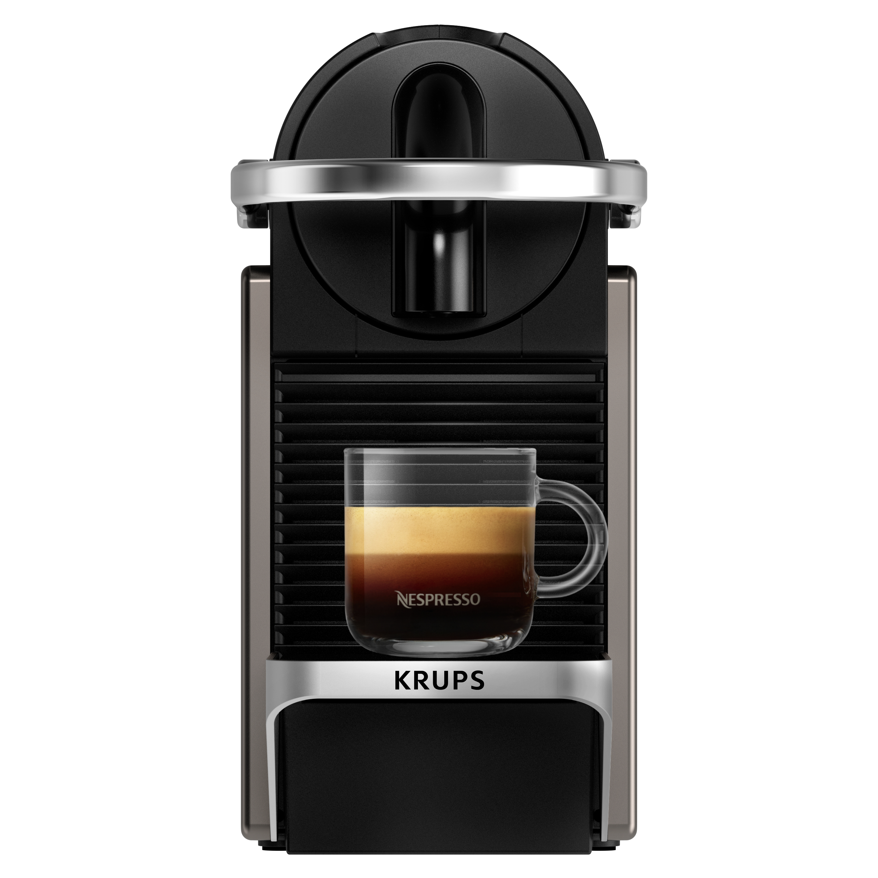 Nespresso Kaffeemaschine mit einem Glas Espressotasse. Schwarz-Silber Design.