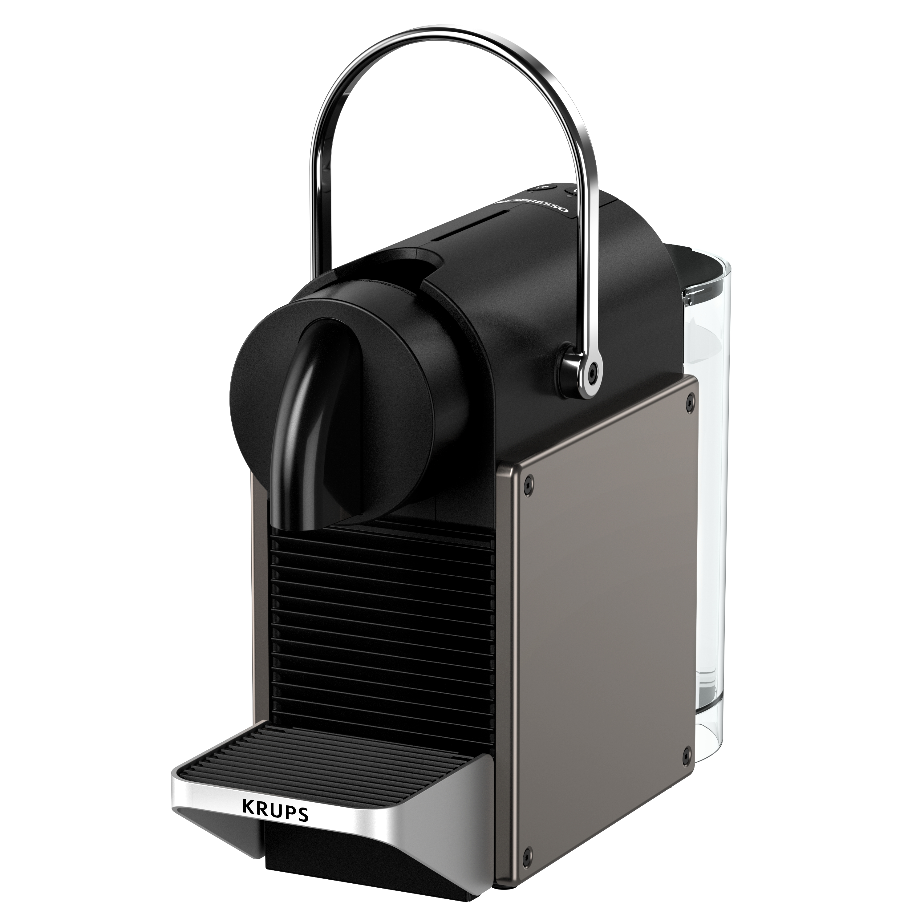 Schwarze und silberne Krups Nespresso Kaffeemaschine. Sie hat einen Griff und einen Wassertank.