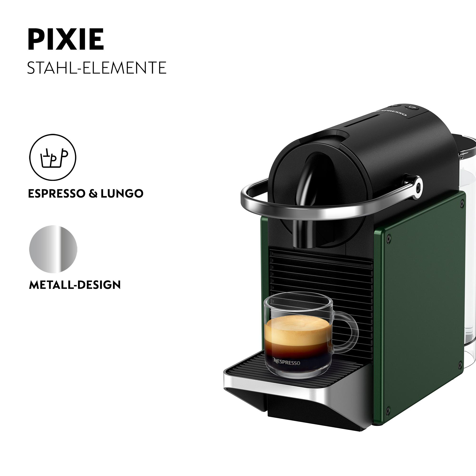 Schwarze und grüne Espressomaschine mit einem Glas Kaffee. Metallische Akzente. Text: Espresso & Lungo. Text: Metalldesign.