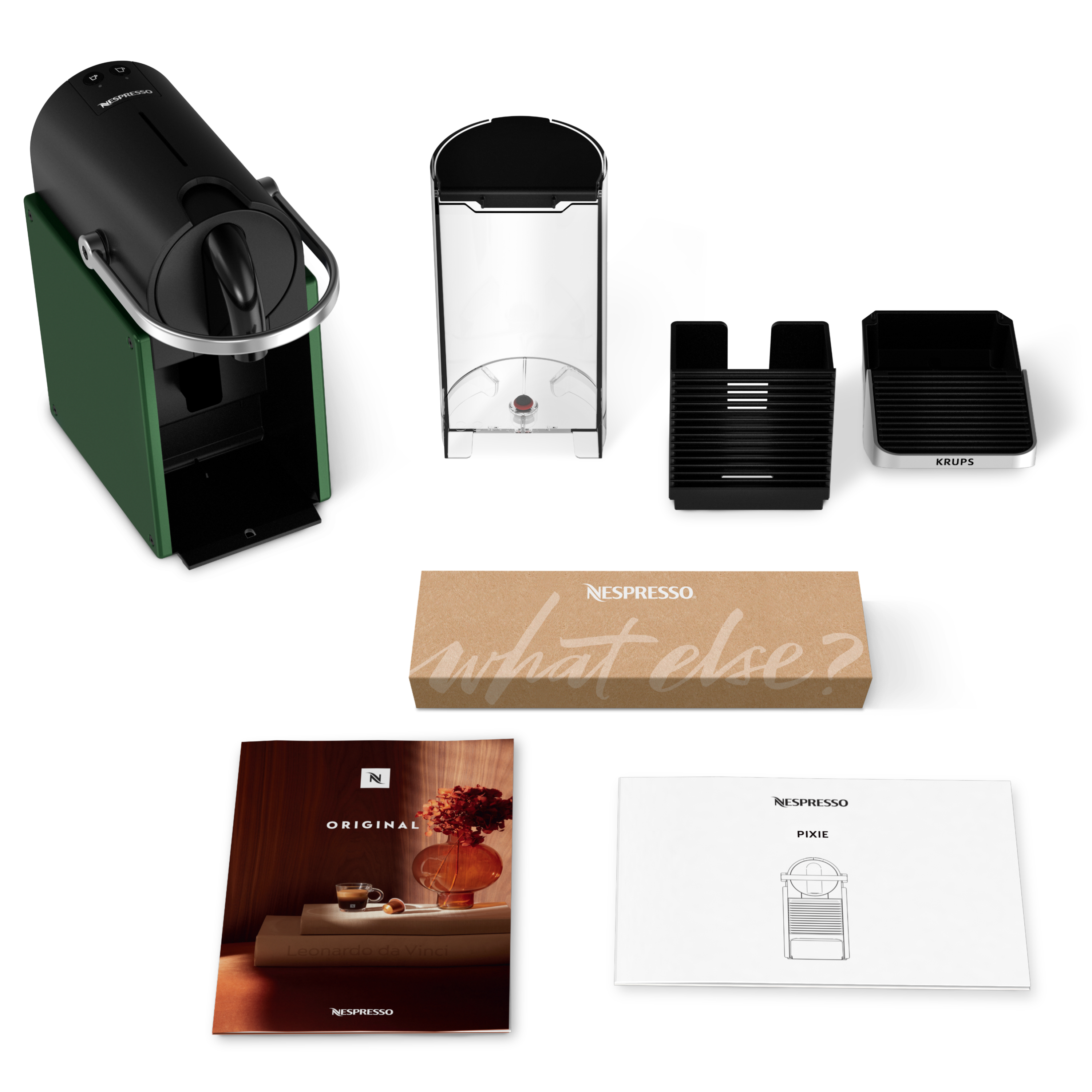 Nespresso Pixie Kaffeemaschine mit Zubehör auf weißem Hintergrund.