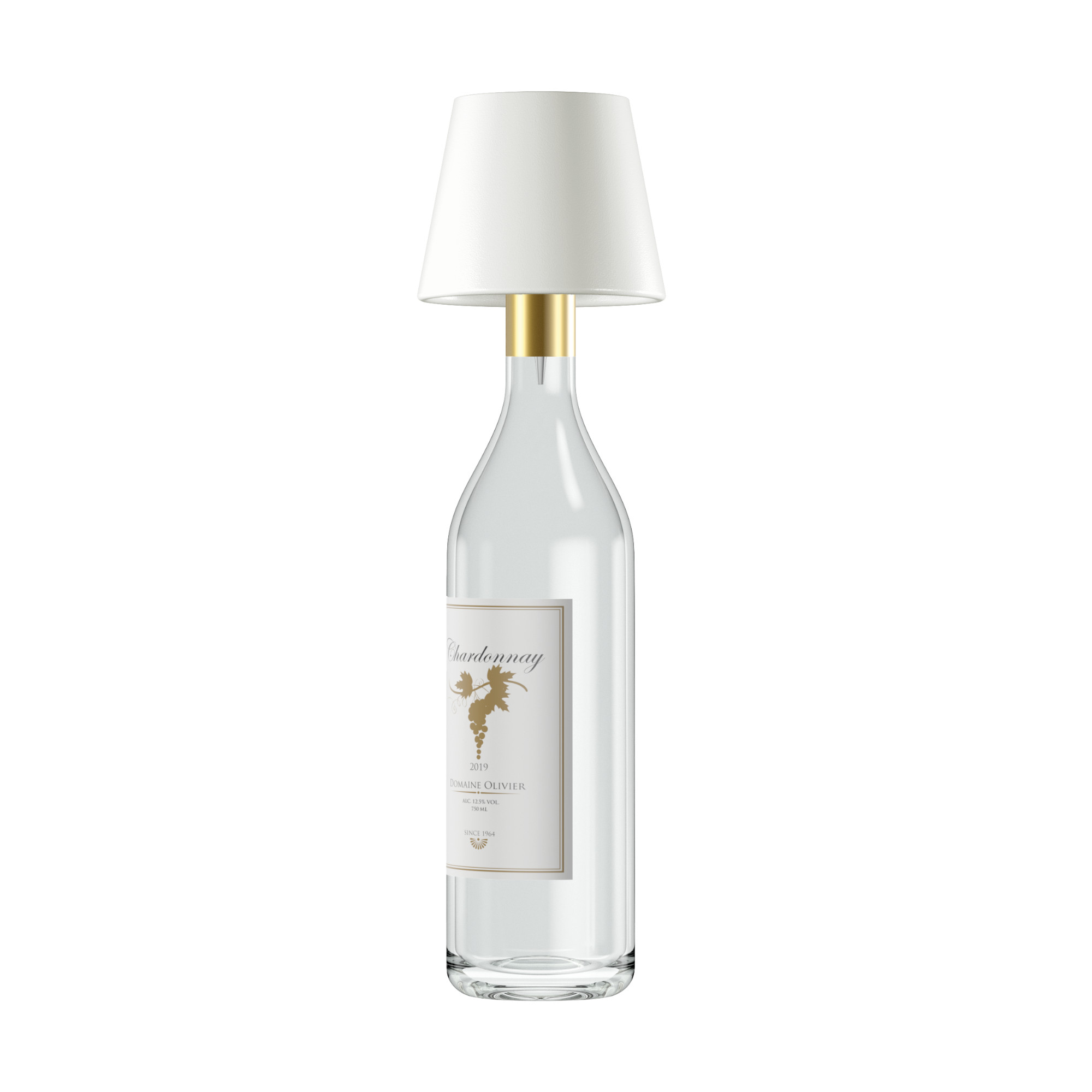 Eine Weinflaschenlampe mit weißem Lampenschirm und goldfarbenem Hals.