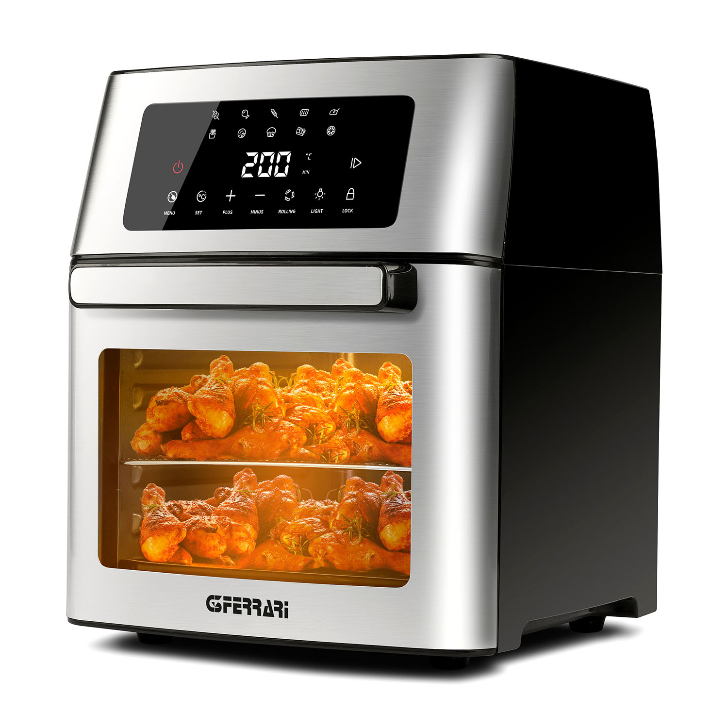 Una friggitrice ad aria in acciaio inossidabile con display digitale. All'interno, ci sono cosce di pollo cotte.