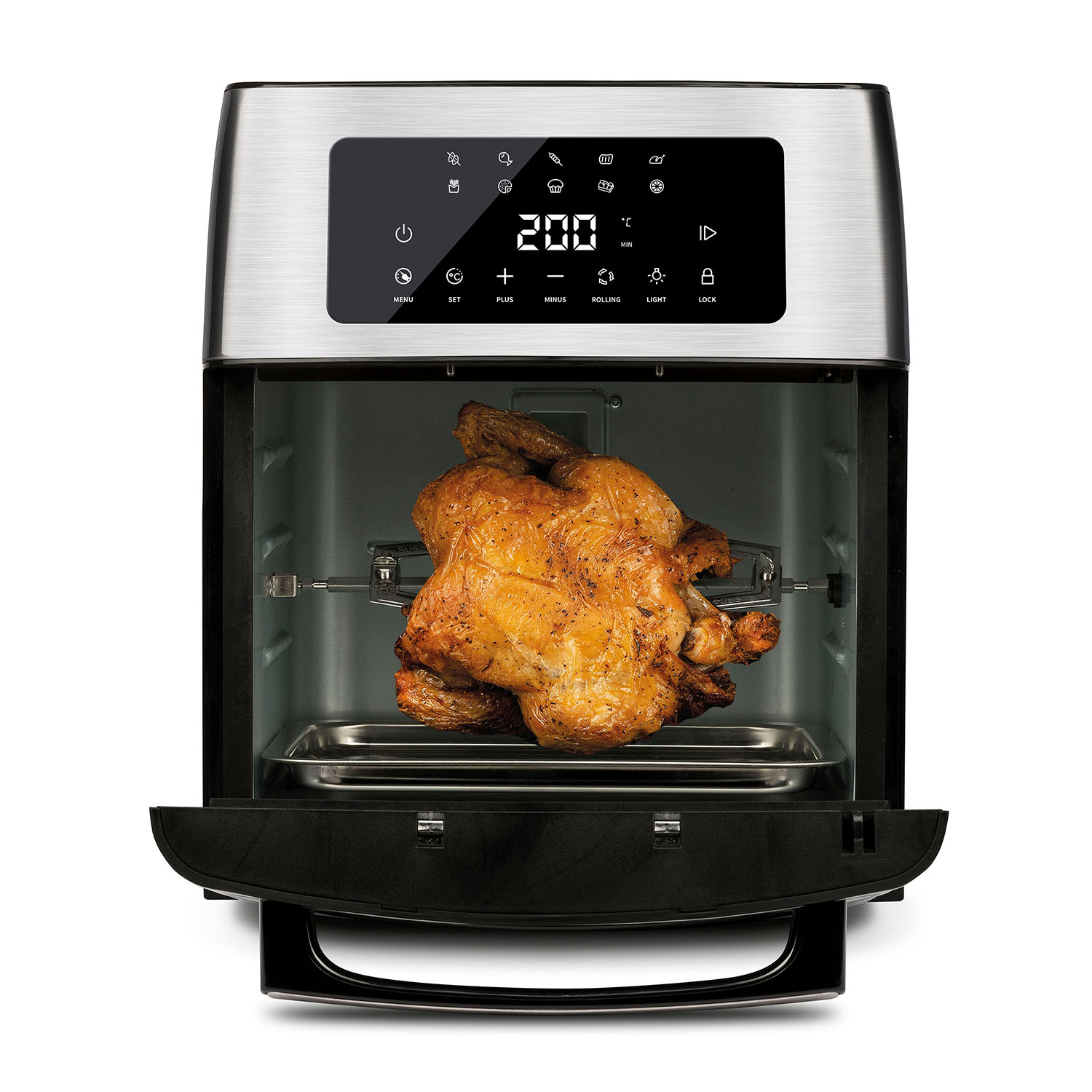 Una friggitrice ad aria con un pollo all'interno. Il display mostra 200. La friggitrice è argento e nera.
