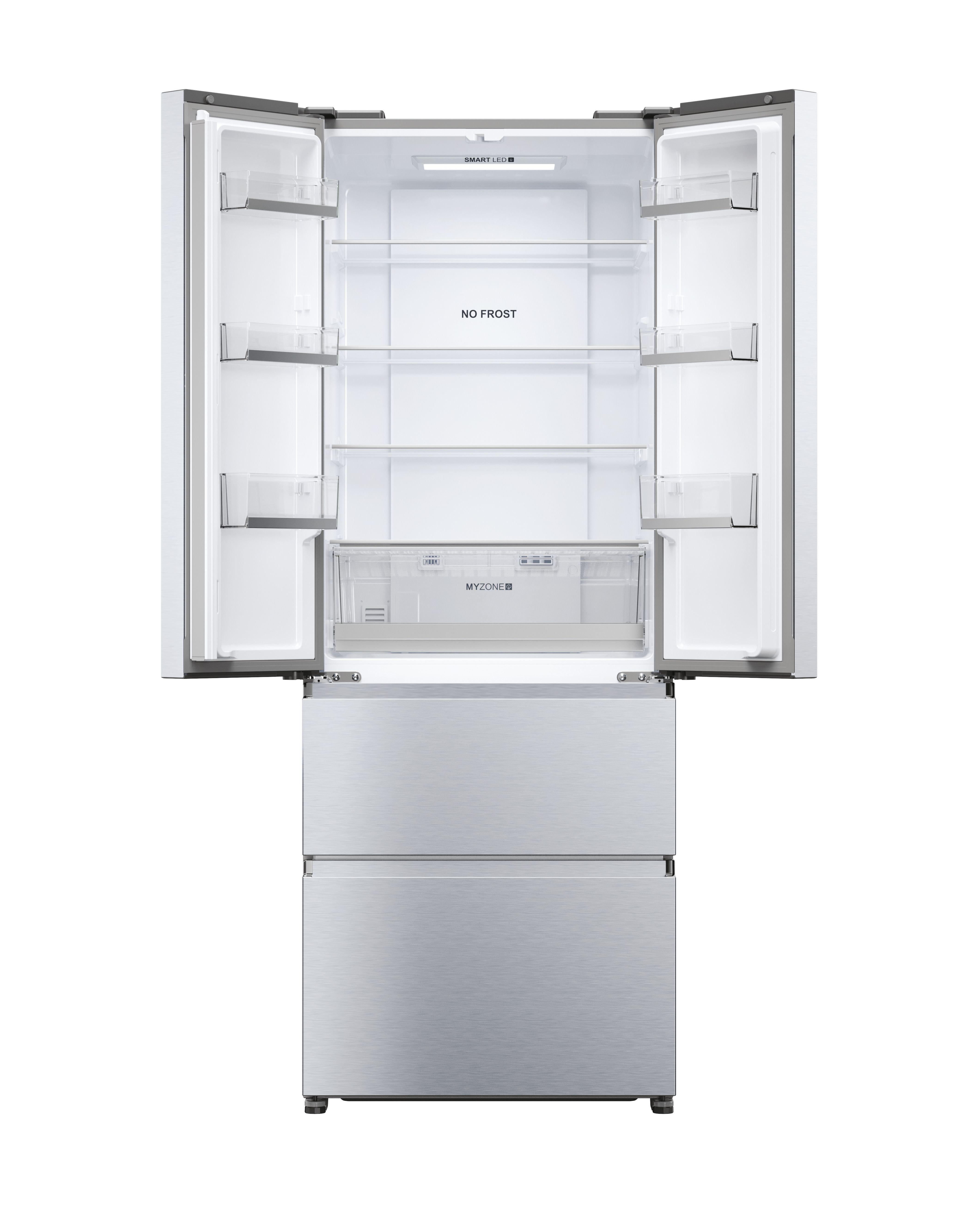 Geöffneter Kühlschrank aus Edelstahl. Innenraum mit Regalen, Schubladen und Text 'NO FROST'.