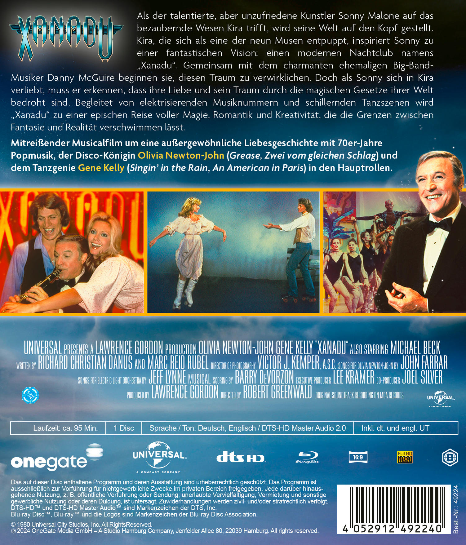 Rückseite des Films Xanadu. Enthält Besetzung, Credits und ein Foto von Olivia Newton-John.