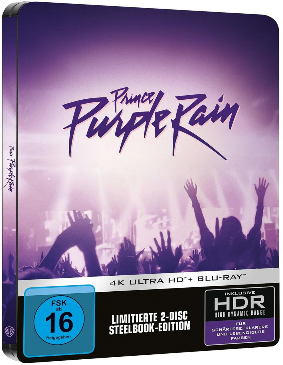 Eine Blu-ray-Hülle für den Film 'Purple Rain' mit einer Menschenmenge und dem Prince-Logo.