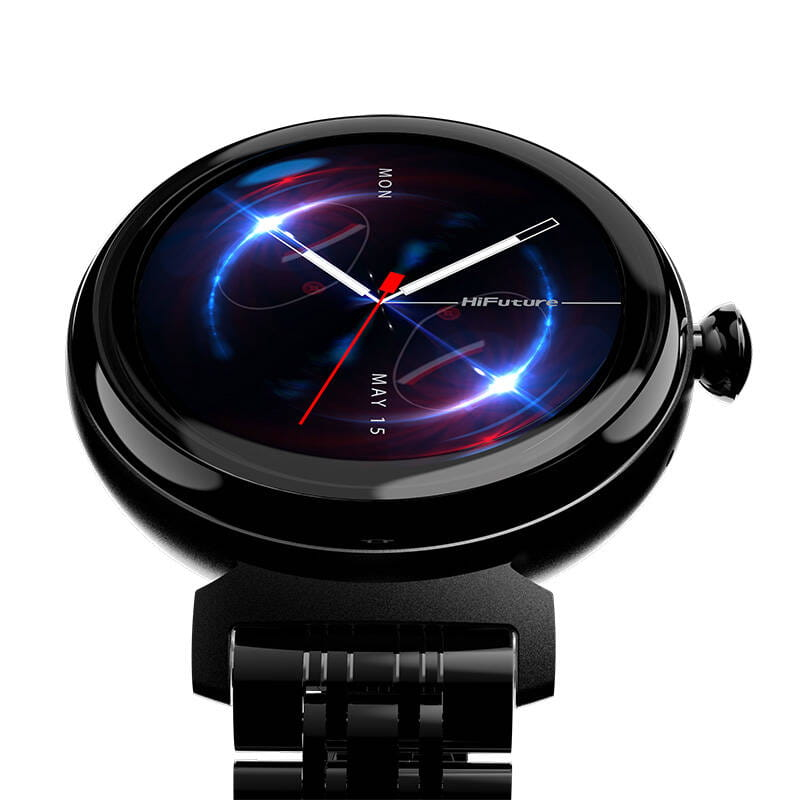 Czarny smartwatch z okrągłym wyświetlaczem, pokazujący tarczę zegarka i datę.