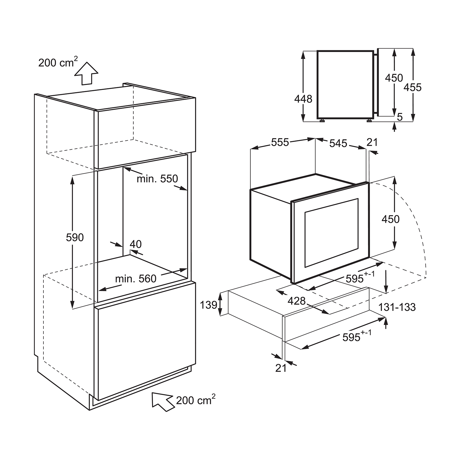 Disegno tecnico di un forno a incasso. Mostra dimensioni e dettagli della struttura interna.