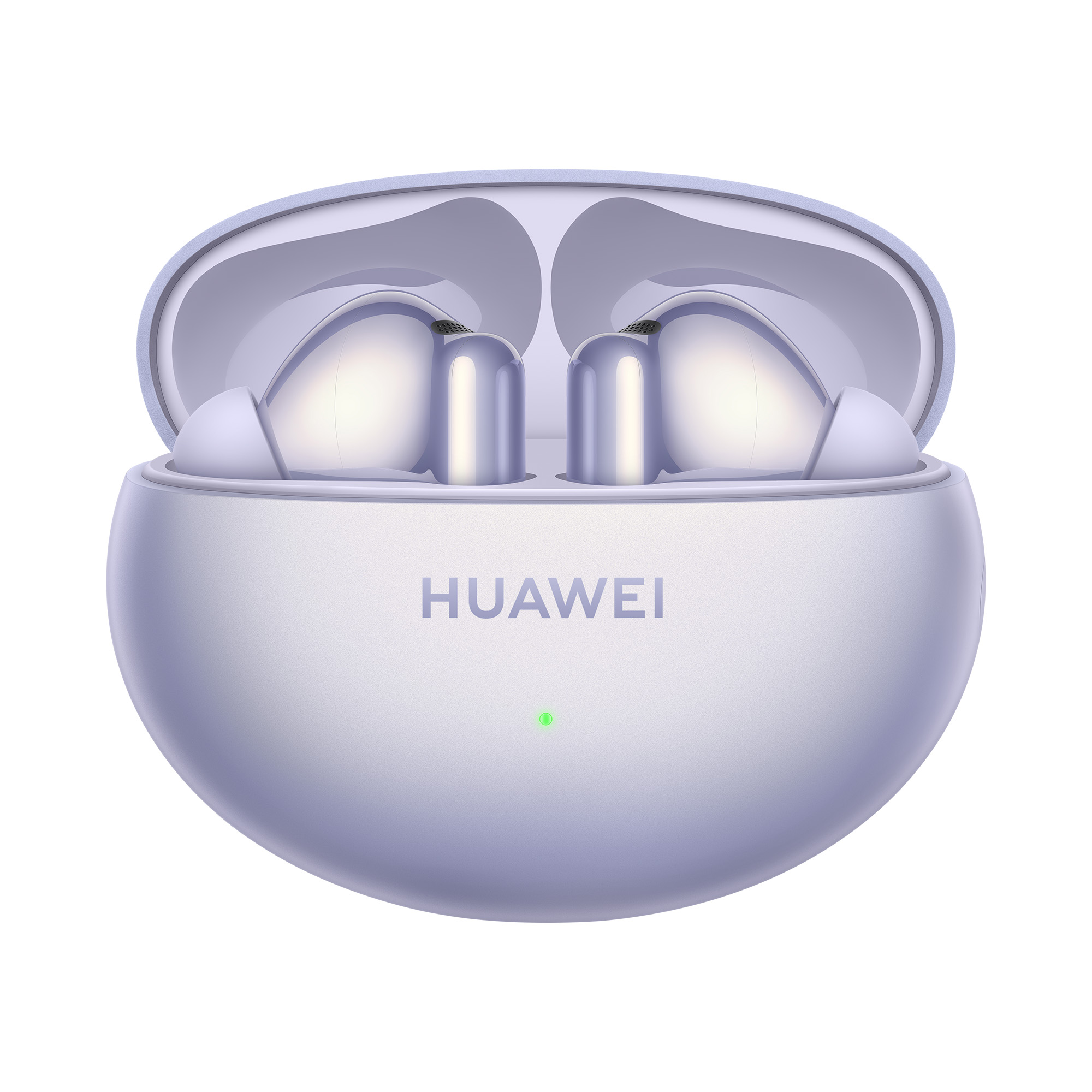 Şarj kutusunda mor kulaklıklar. Kutu açık, kulaklıklar görünüyor. Huawei logosu görünür.