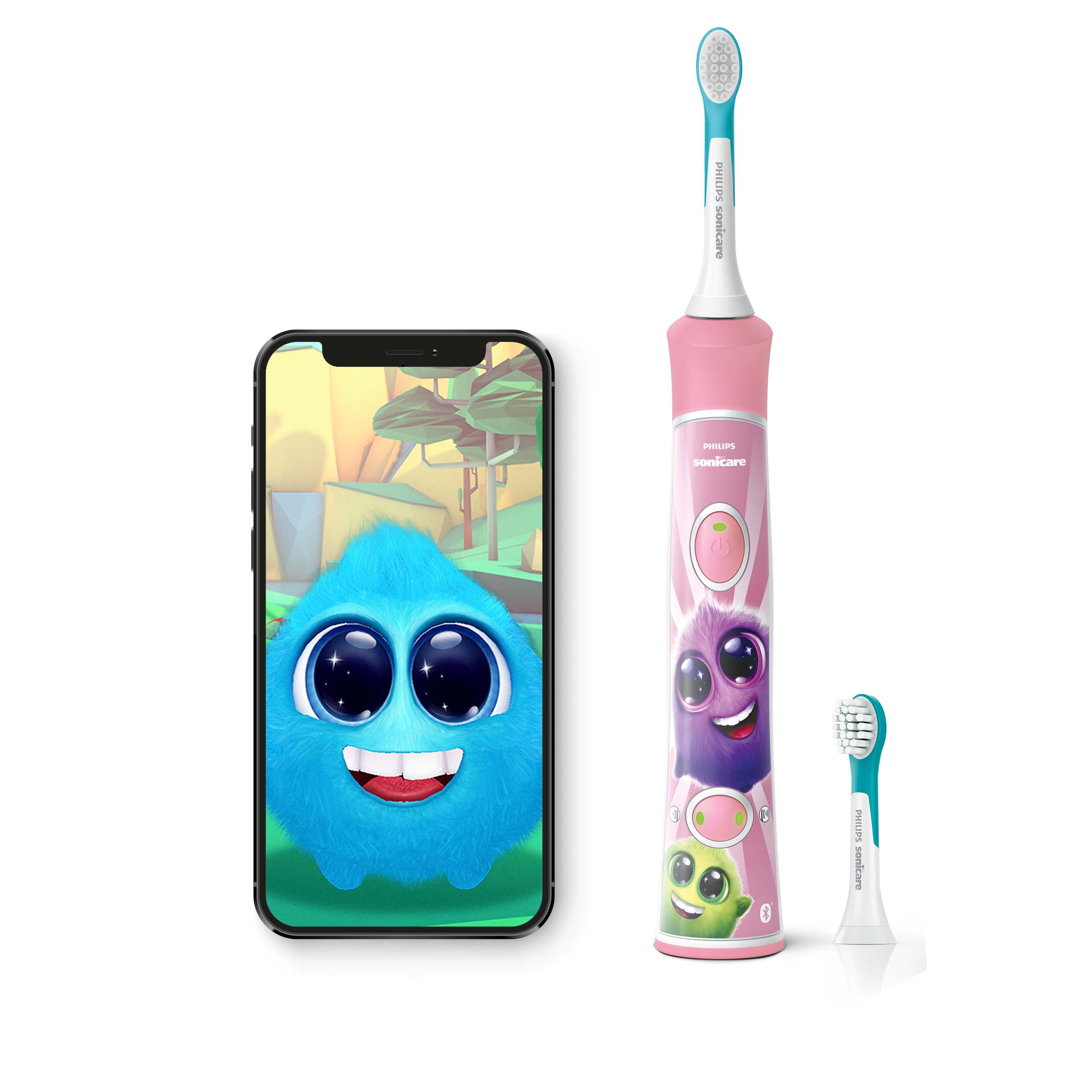 Różowa szczoteczka do zębów z postacią z kreskówki i telefon z podobną postacią.