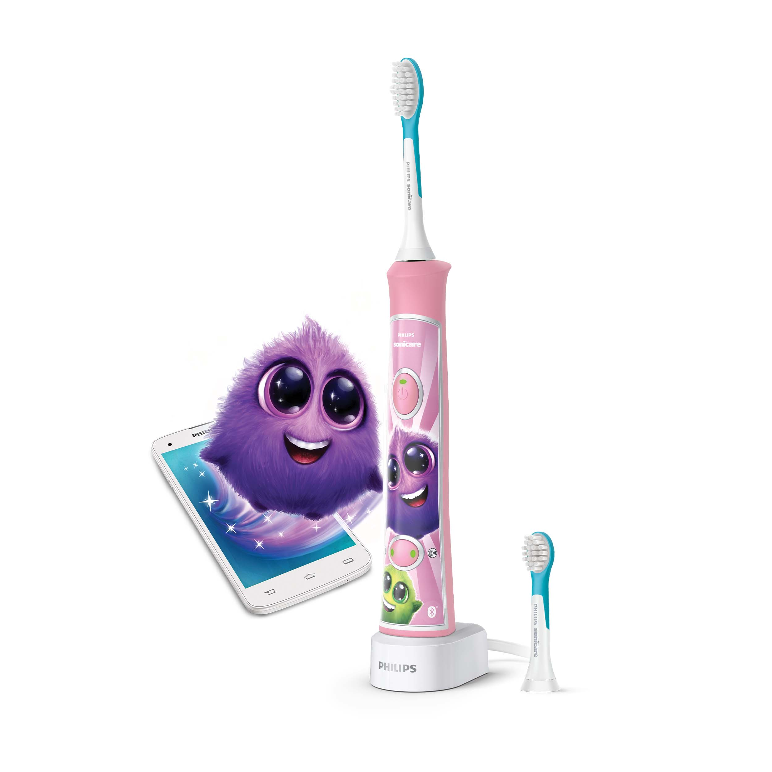 Różowa szczoteczka do zębów Philips Sonicare dla dzieci z telefonem i fioletowym potworem.