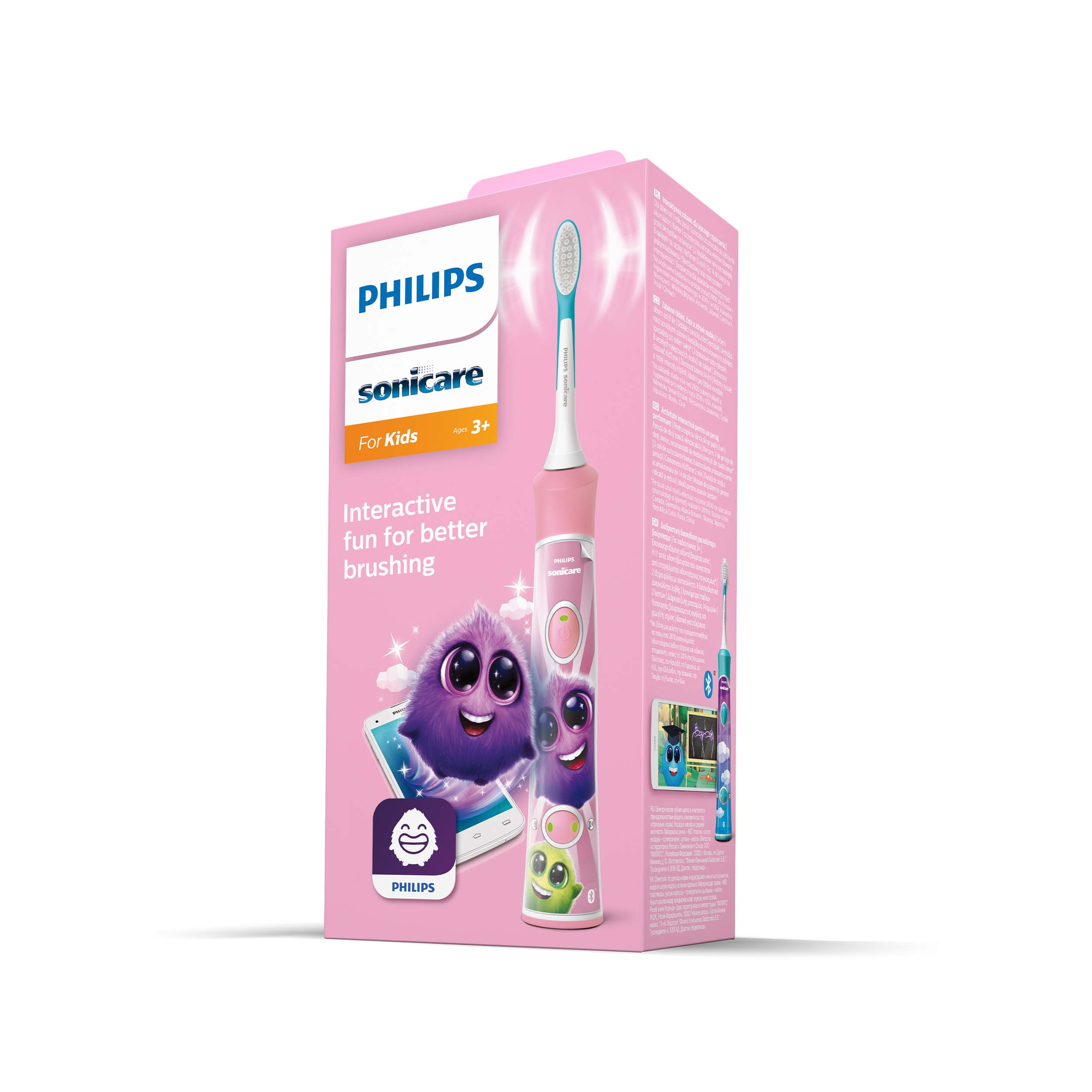 Różowy zestaw elektrycznej szczoteczki do zębów Sonicare dla dzieci, z obrazkiem z kreskówki.